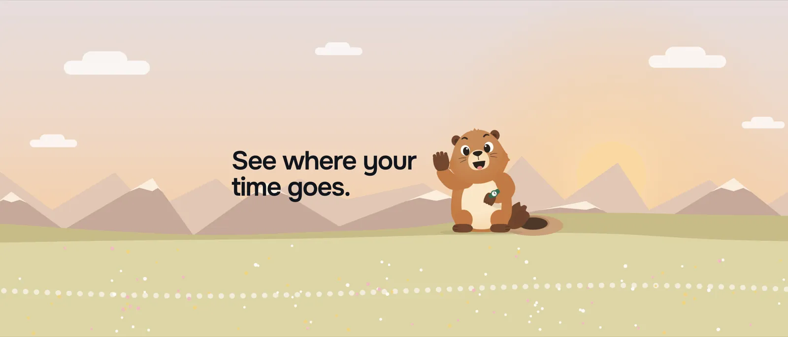 Marko the marmot waving beside his burrow in a golden-hour mountain meadow, with the words See where your time goes