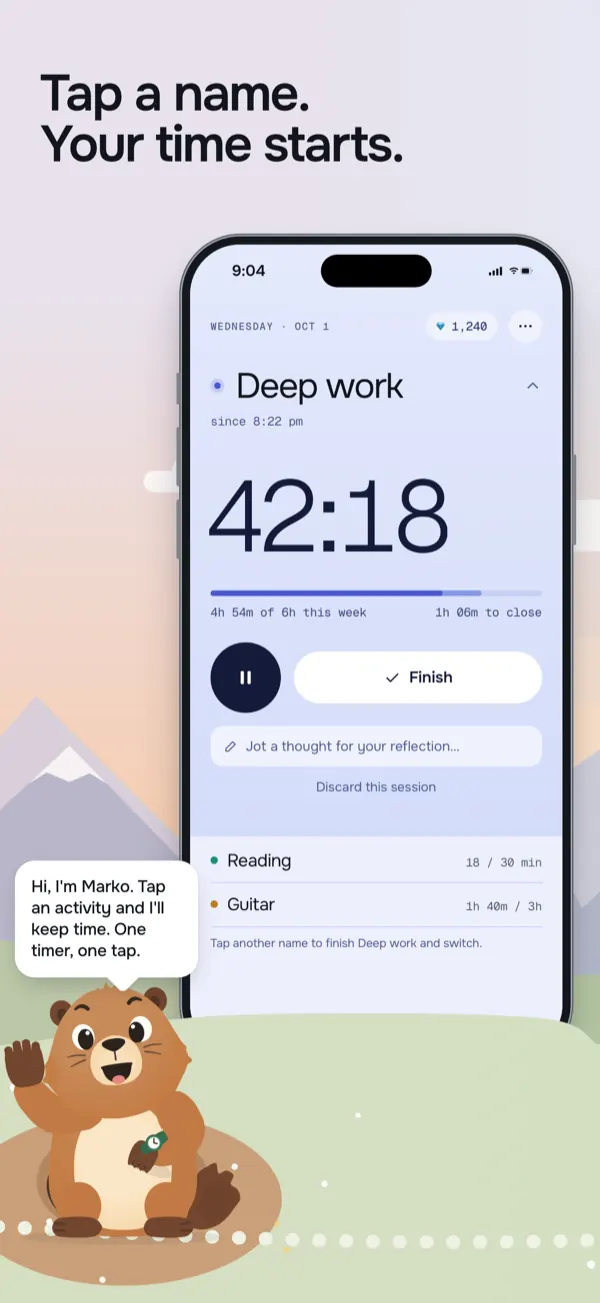 Burrow home screen with a Deep work timer running at 42:18 and Marko the marmot
