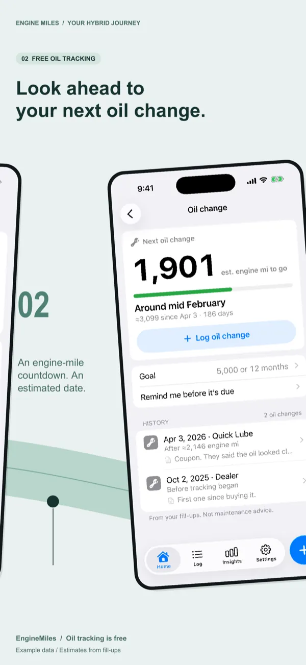 Engine Miles oil-change tracker screen